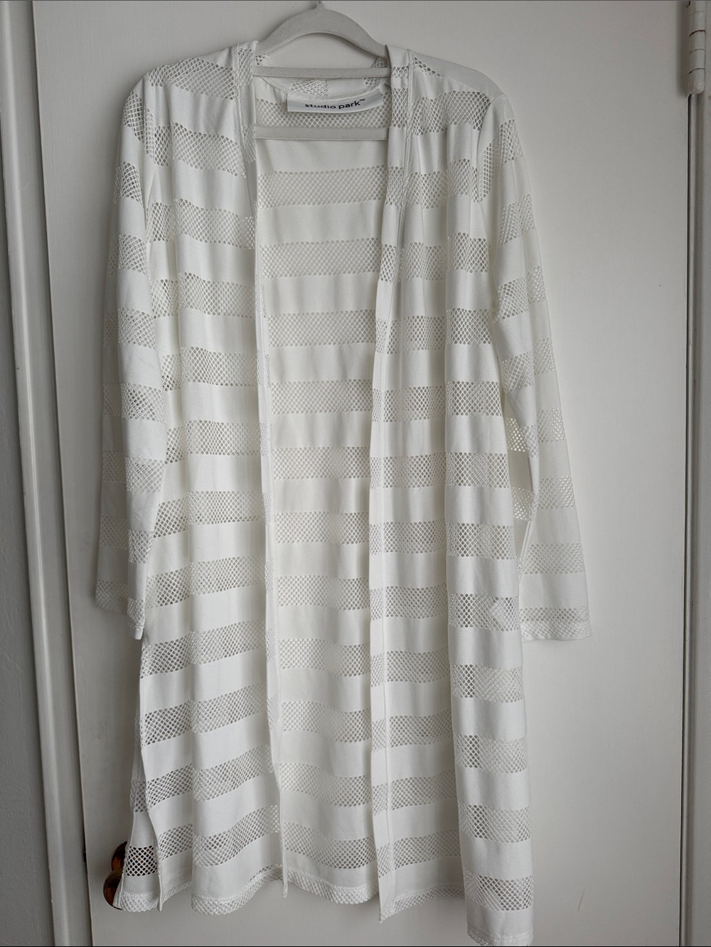 White Sheer Stripe Open-Front long Cardigan